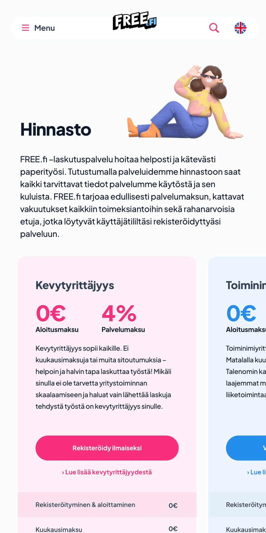 FREE.fi pricing page with transparent fee structure for freelancers